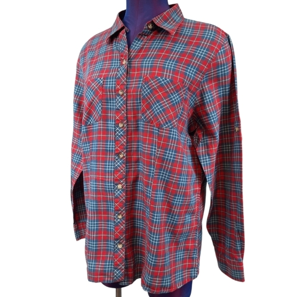 L.L. Bean Red White & Blue Button Down Plaid Roll Tab Sleeve Shirt Size Medium - Picture 9 of 9